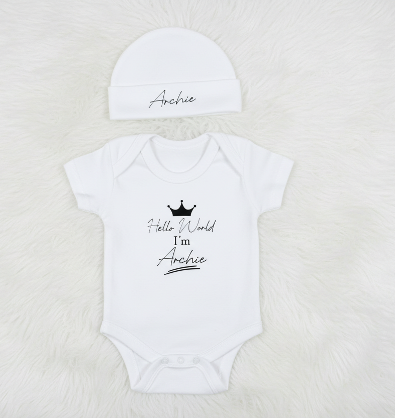 Hello World Sleepsuit, New Baby Announcement, baby shower gift , new baby gift , personalised sleepsuit