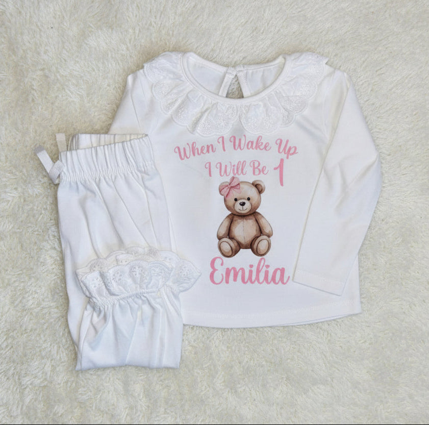 Girls Frill Teddy When I Wake Up Pyjamas