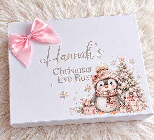 Personalised Penguin Christmas Eve Box | Pink & Beige Christmas Keepsake Gift Box
