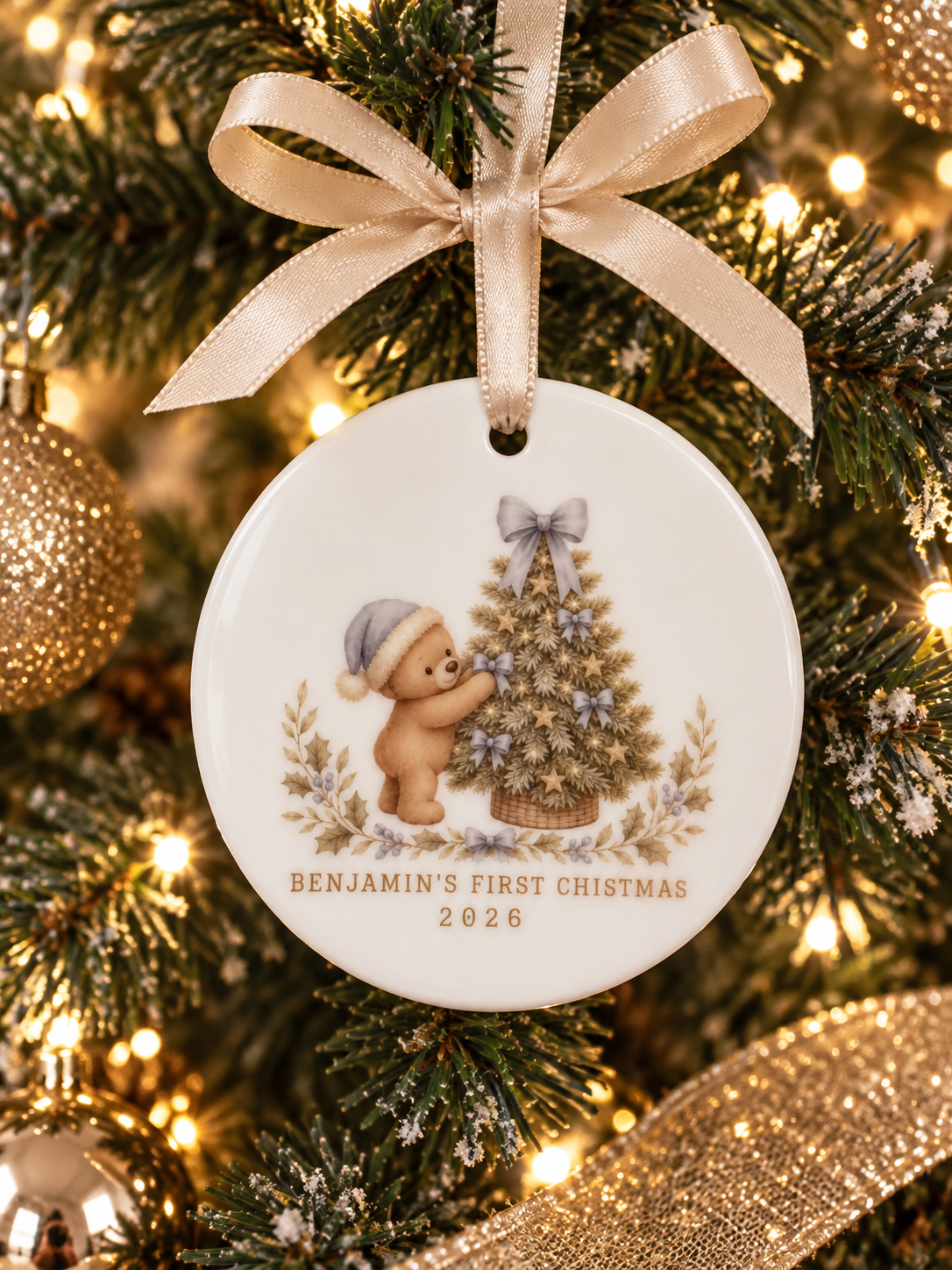 Personalised First Christmas Ceramic Bauble –TEDDY & TREE Keepsake Decoration
