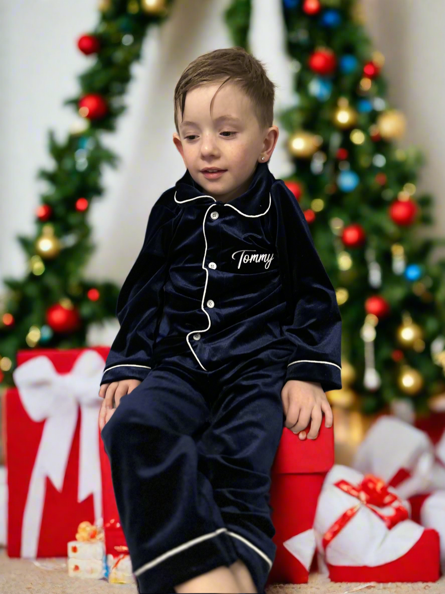 Navy Christmas Velour Family Pyjamas