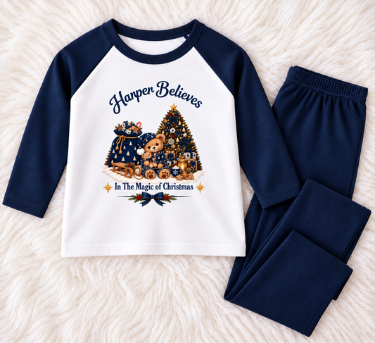 Navy Personalised Teddy Christmas Pyjamas