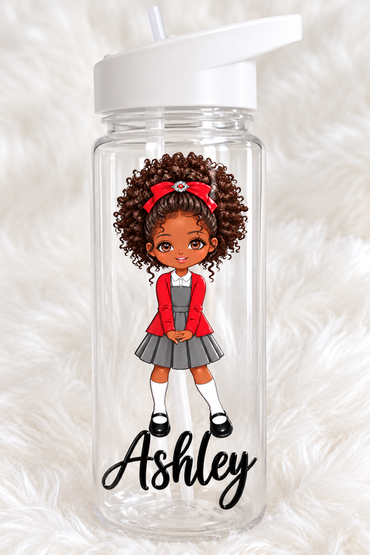 Personalised School Girl Plastic Water Bottle – 500ml | Custom Hair, Skin Tone & Uniform Colours