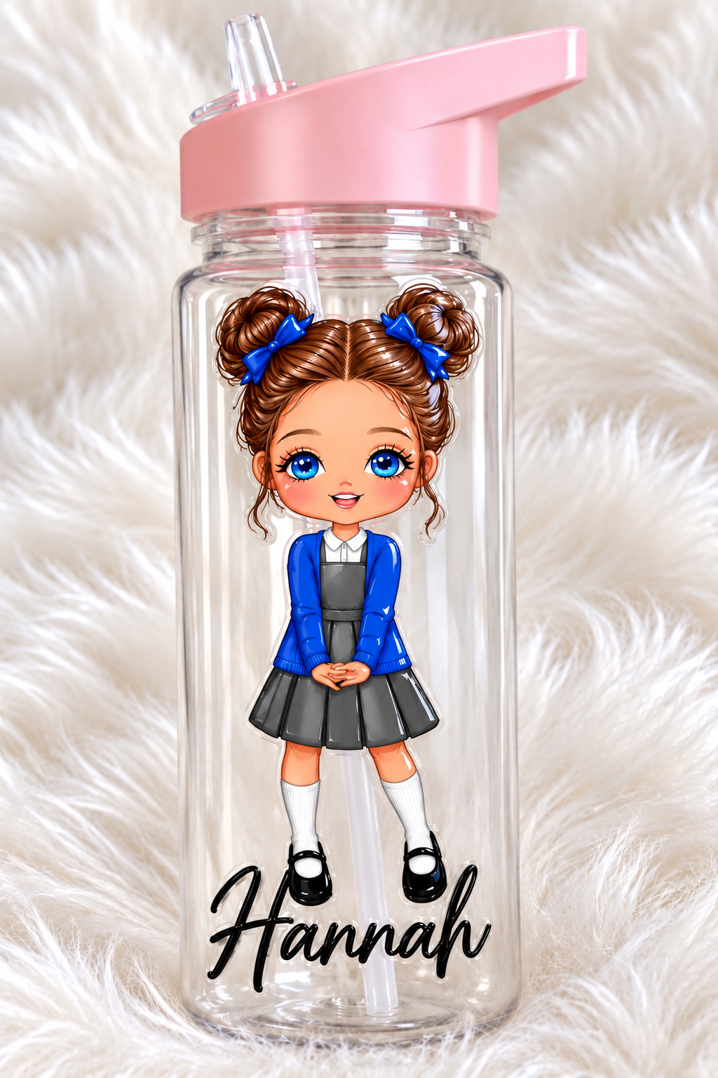 Personalised School Girl Plastic Water Bottle – 500ml | Custom Hair, Skin Tone & Uniform Colours