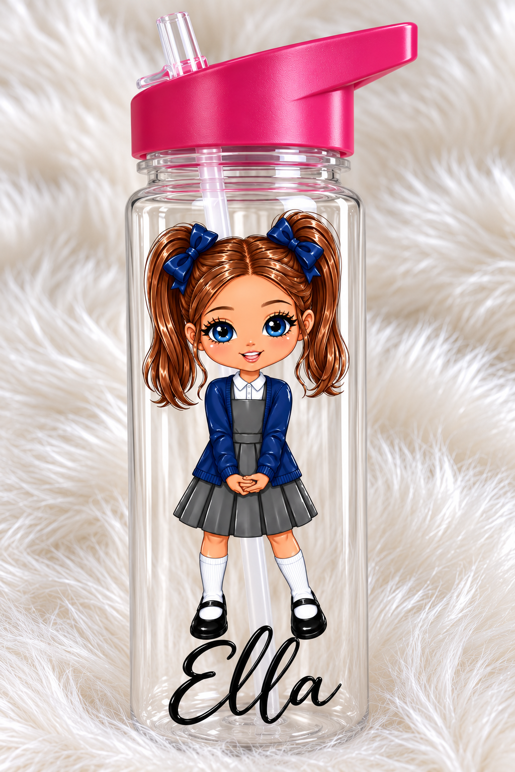 Personalised School Girl Plastic Water Bottle – 500ml | Custom Hair, Skin Tone & Uniform Colours