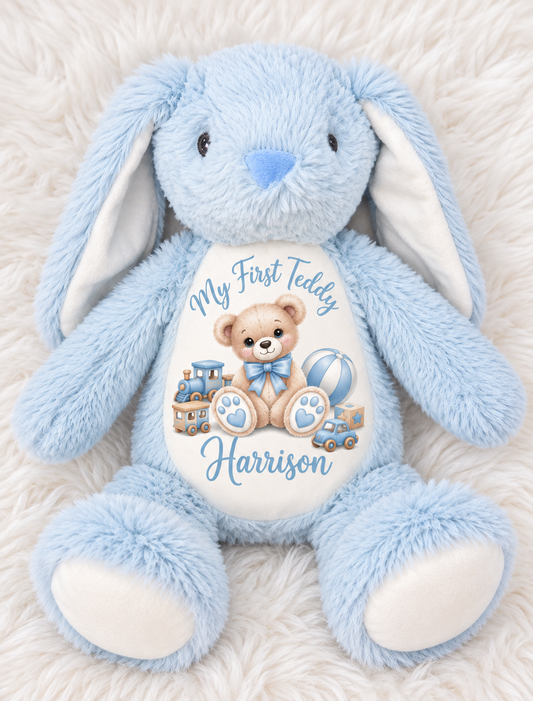 Personalised My First Teddy Bunny For Boys | Baby Keepsake Gift | Blue, White & Grey