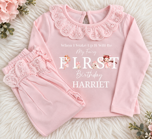 Personalised Fairy First Birthday Pyjamas | Girls Lace Frill Birthday PJs