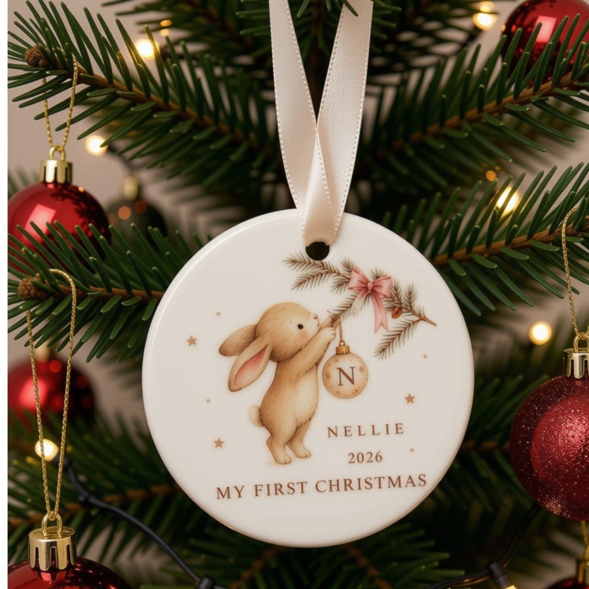 Personalised First Christmas Ceramic Bauble – 7cm Watercolour Bunny Keepsake