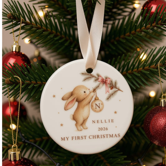 Personalised First Christmas Ceramic Bauble – 7cm Watercolour Bunny Keepsake