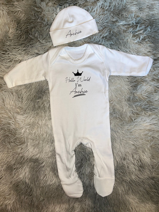 Hello World Sleepsuit, New Baby Announcement, baby shower gift , new baby gift , personalised sleepsuit