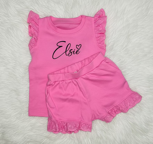 Girls Frill Sleeve Personalised Name Short Set